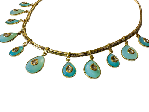 Limited Edition Mogul Polki Aqua Chalcedony Necklaces (24K Gold Plated with Diamonds)