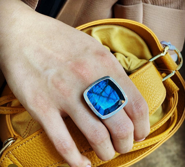 Large Capri Flat Square Cocktail Ring Labradorite