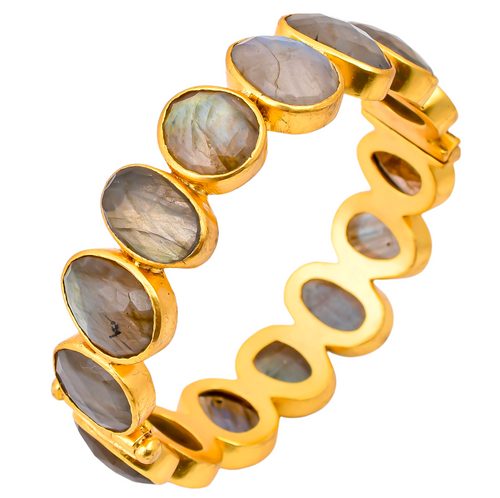 Gold Plated Single Lined Peacock Large Labradorite Stone Pin Bangle