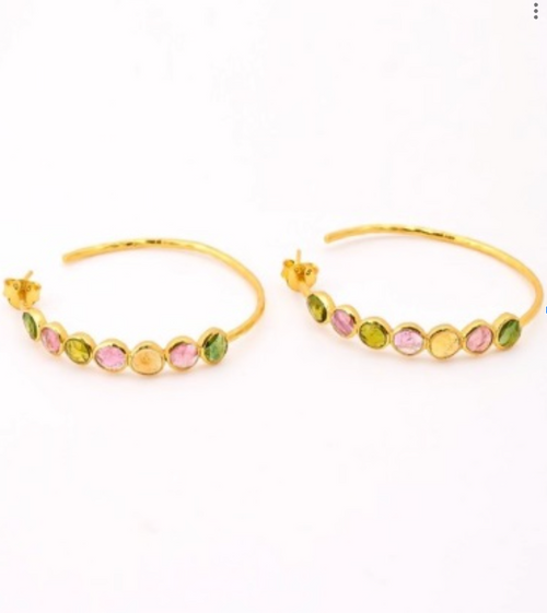 Large Indian Gemstone Hoop Earrings (Mixed Tourmaline)