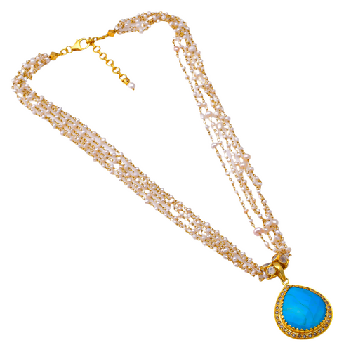 Limited Edition Gold Plated Freshwater Pearl Stranded Necklace with Turquoise and Diamond Chips