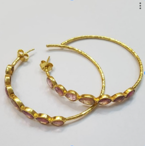 Large Indian Gemstone Hoop Earrings (Pink Tourmaline)