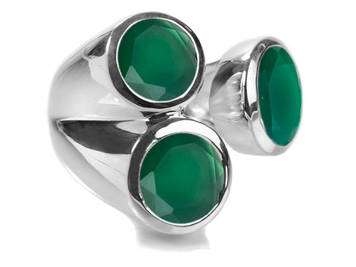 Three Stone Jaipuri Non-Connect Ring Green Onyx 7